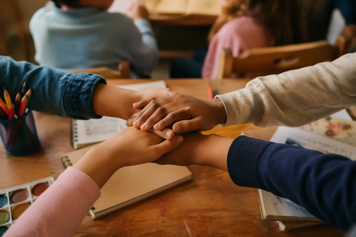 Children Hands Stacked in Faith Classroom