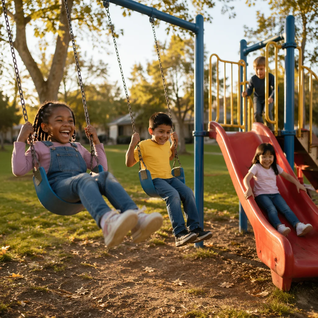 Children Playing at Sunny Neighborhood Playground