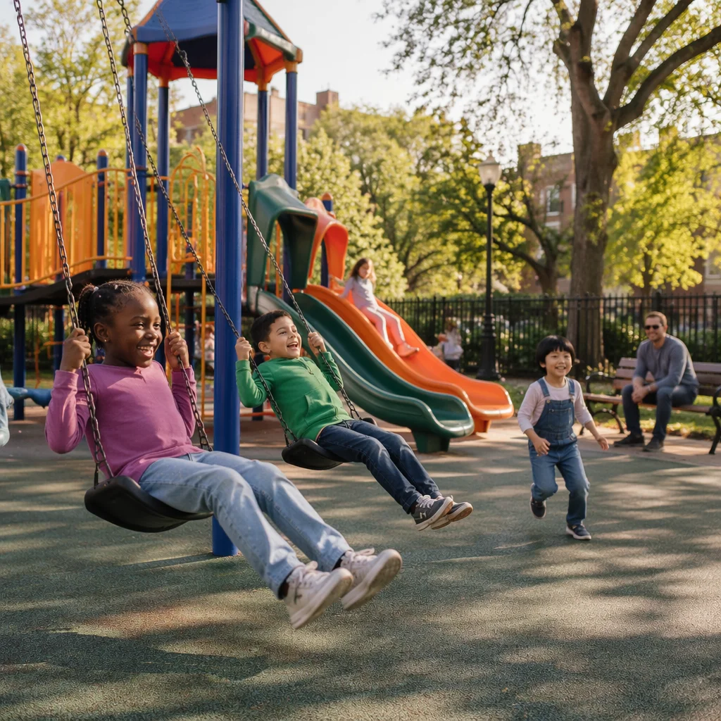 Children Playing on Playground in Spring