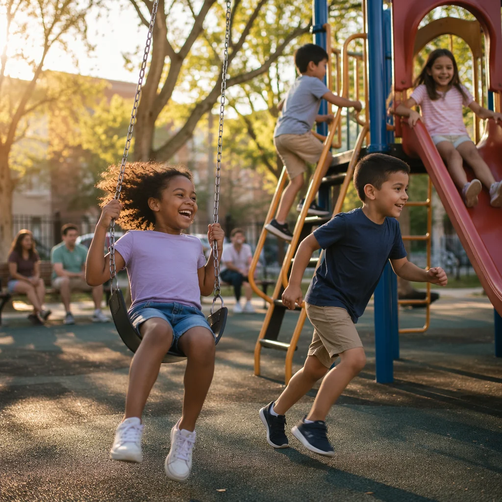 Children Playing on Playground at Golden Hour