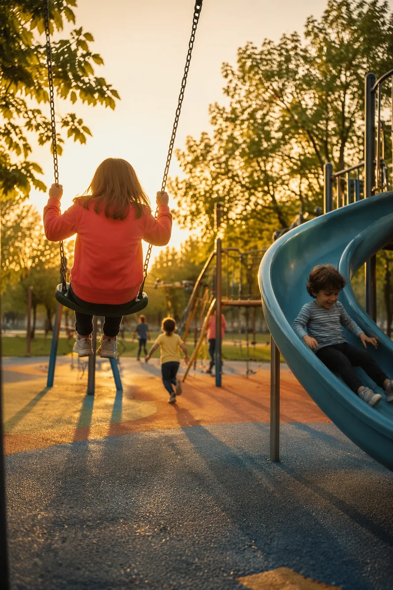 Children Playing on Playground at Golden Hour