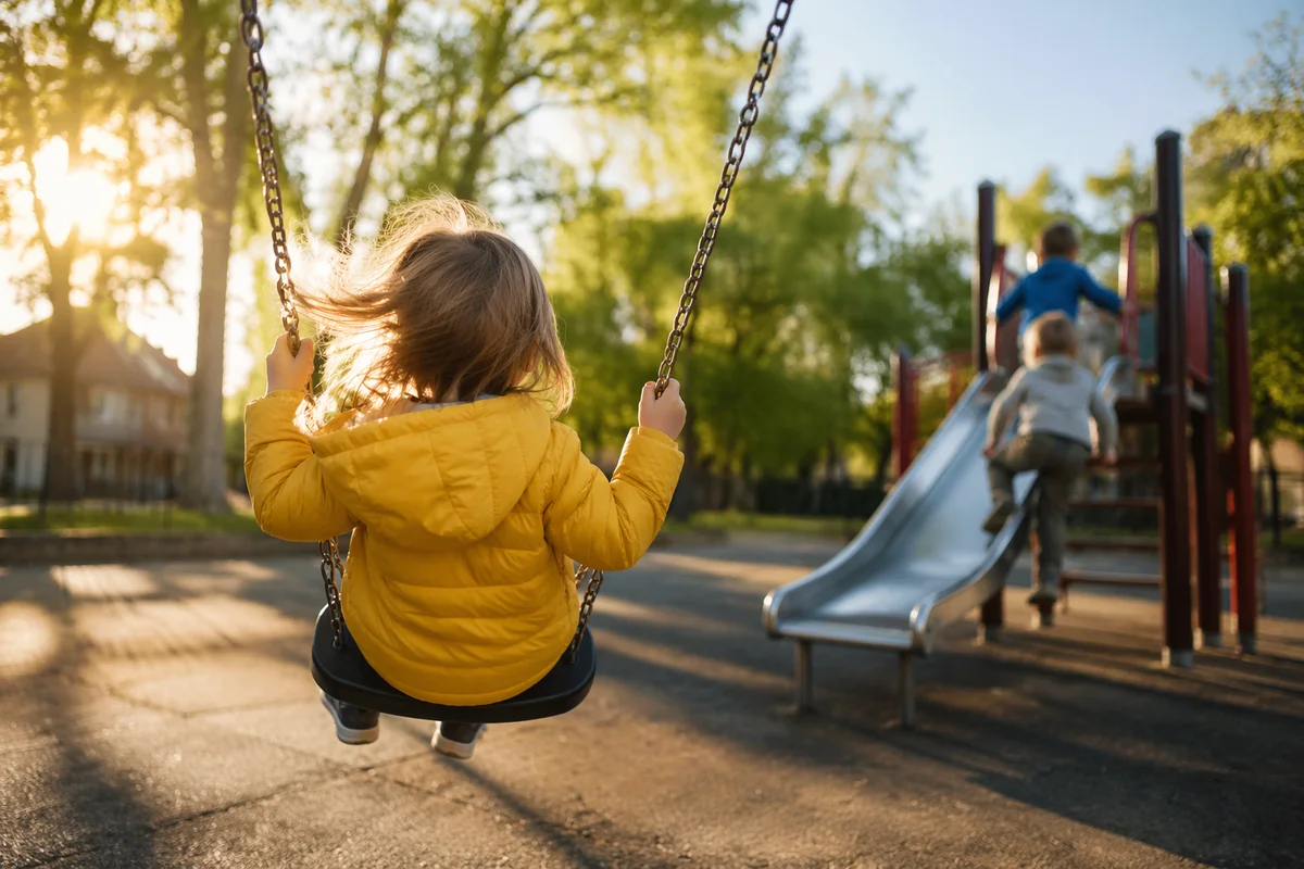 Children Playing on Swings at Golden Hour