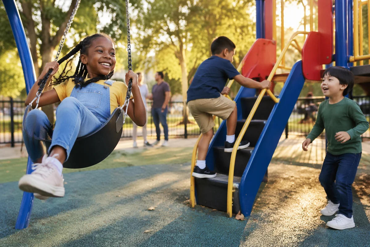 Children Playing on Sunny Neighborhood Playground