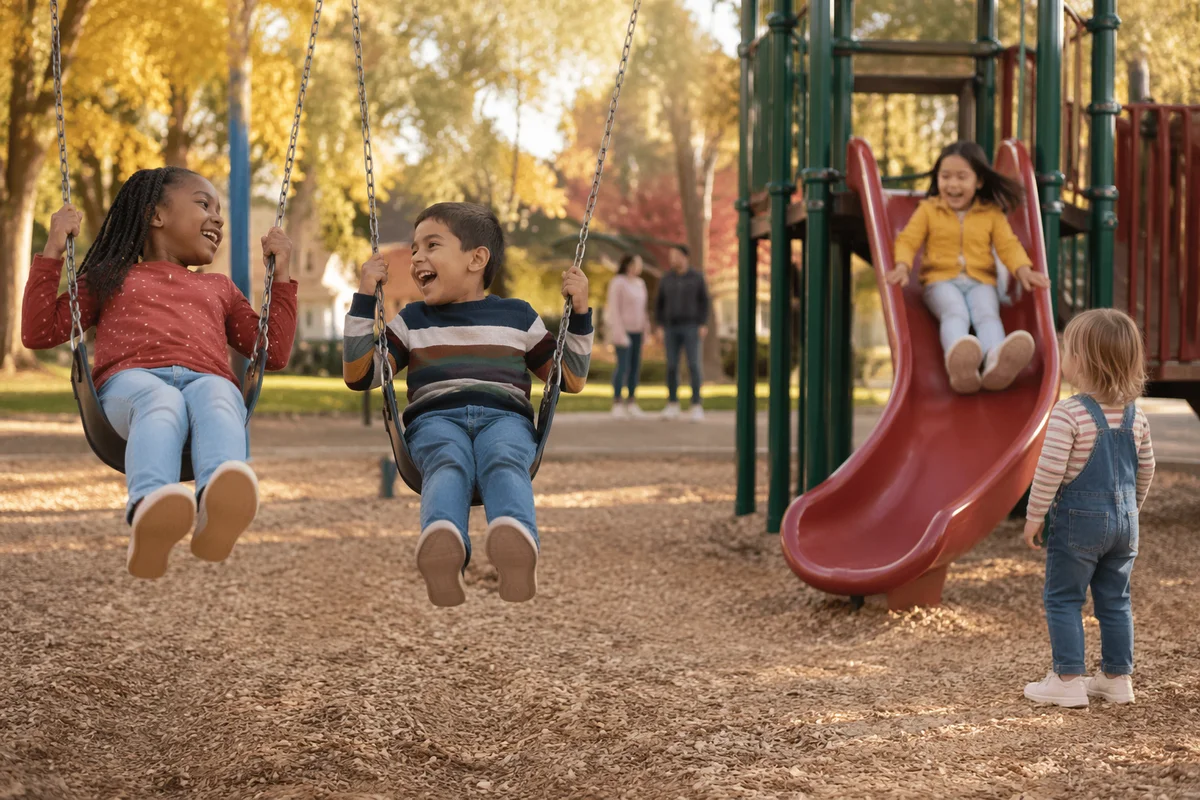 Children Playing at Sunny Neighborhood Playground