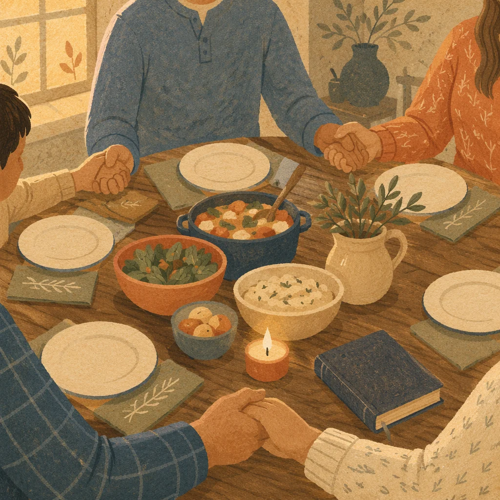 Christian Family Dinner Prayer Around Rustic Table