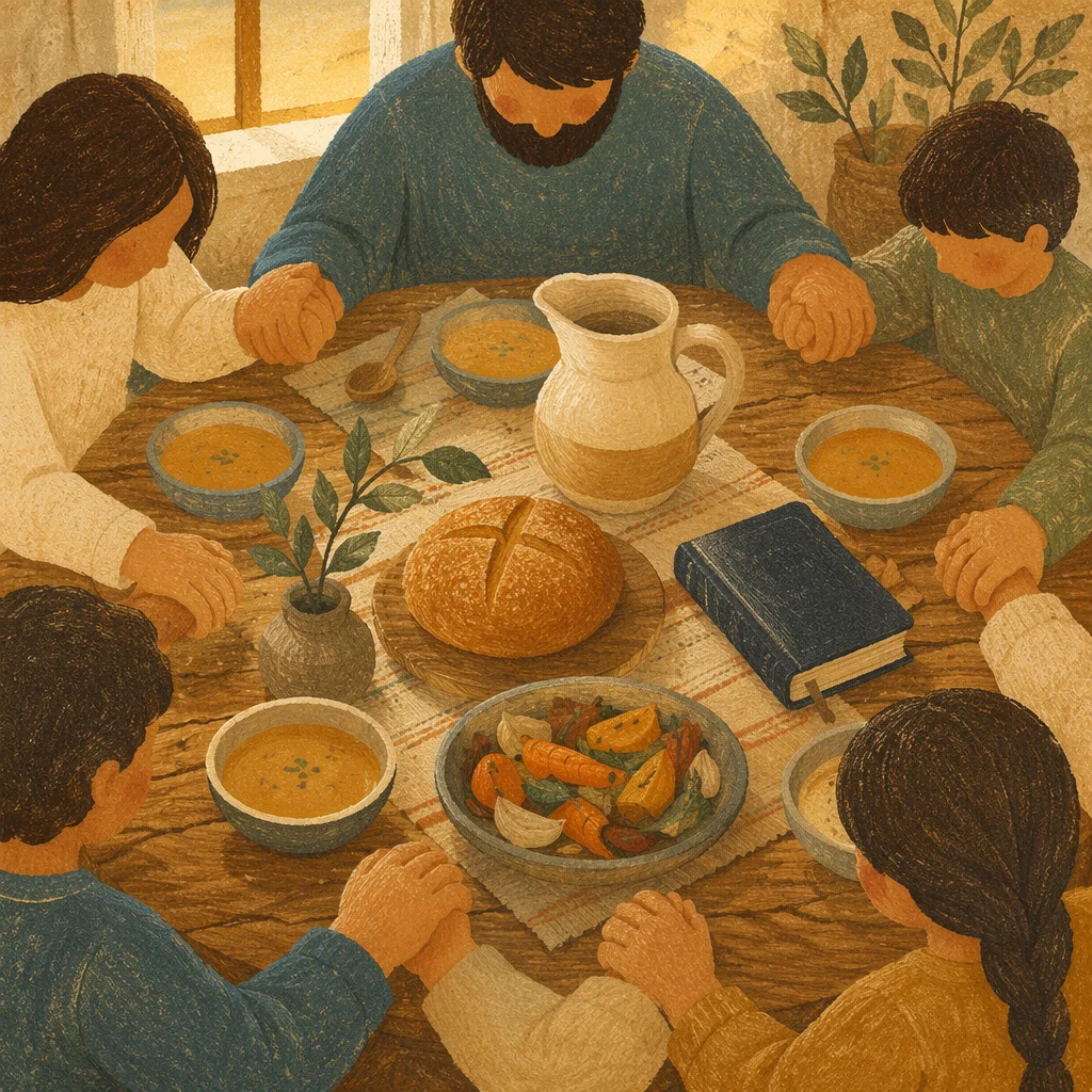 Christian Family Dinner Prayer Around Rustic Table