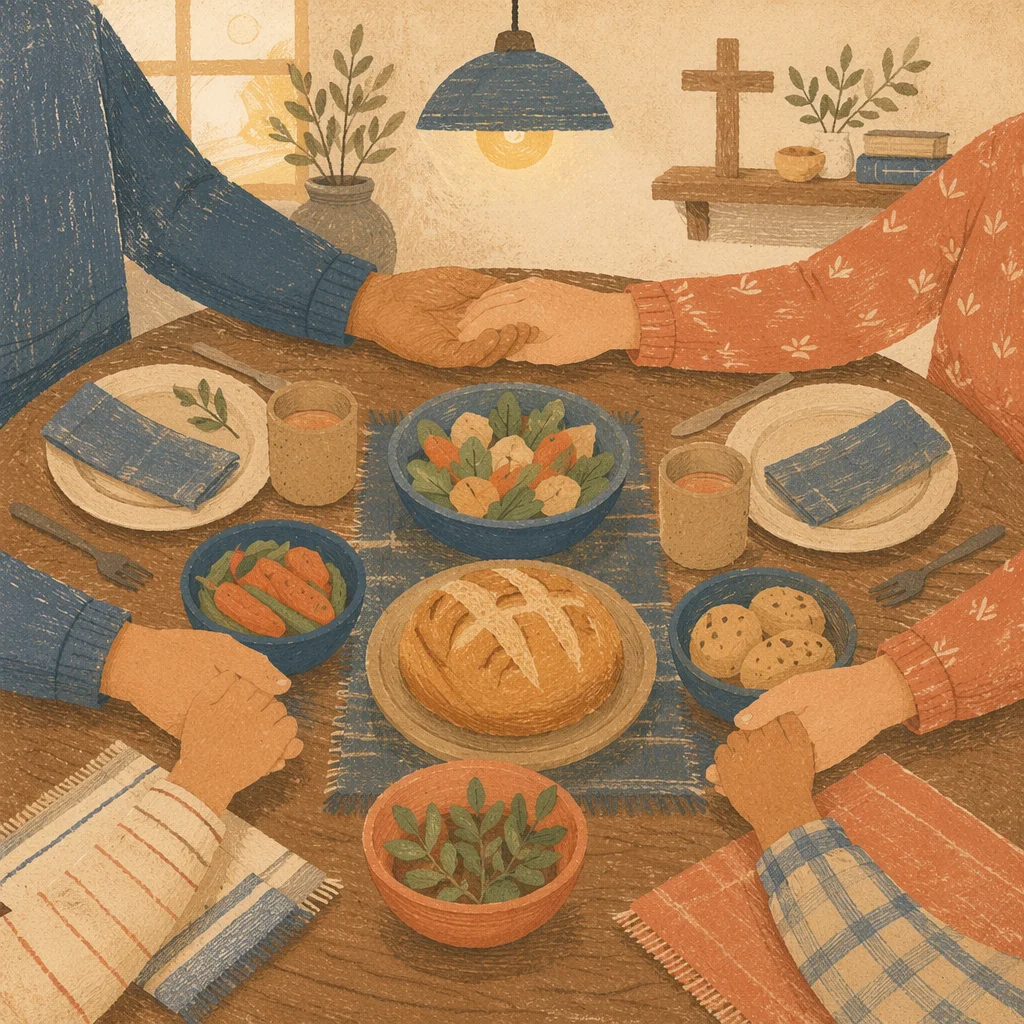 Christian Family Dinner Prayer Around Rustic Table