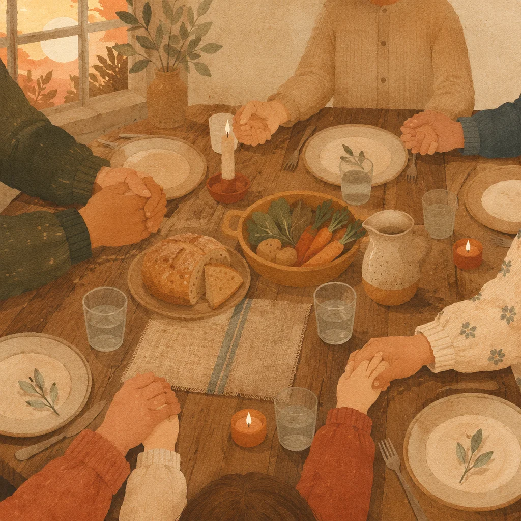 Christian Family Holding Hands at Dinner Prayer