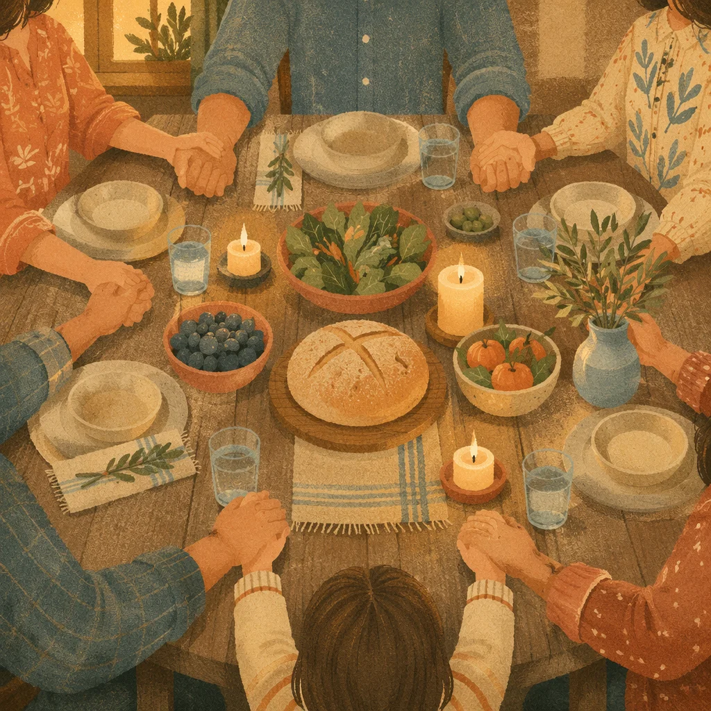 Christian Family Holding Hands at Dinner Prayer