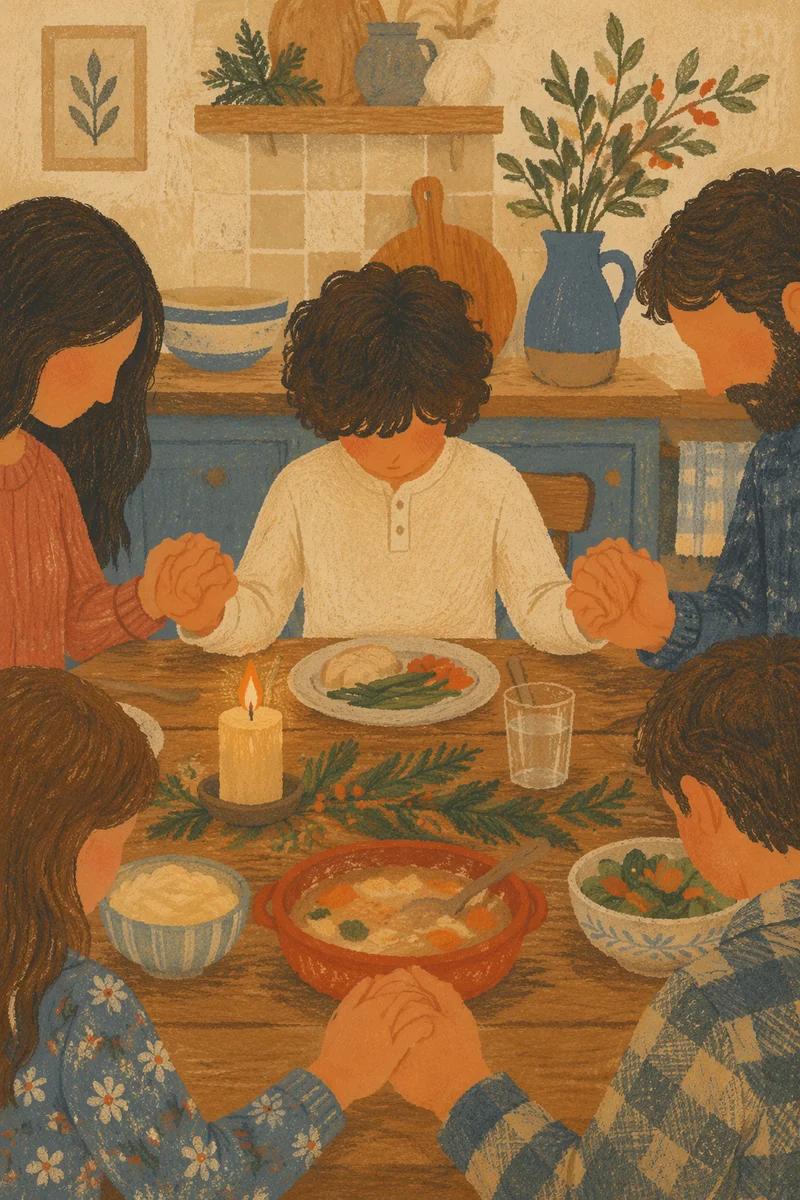 Christian Family Dinner Prayer in Warm Candlelight