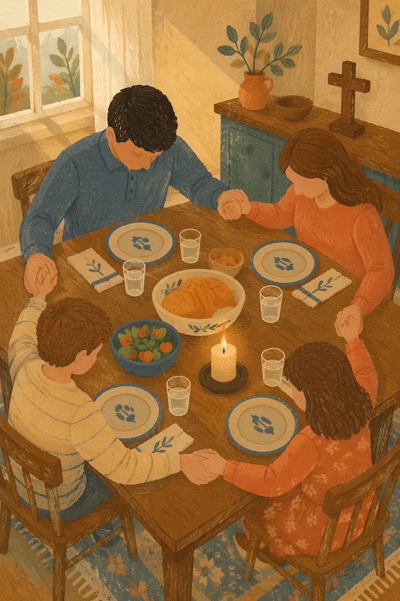 Christian Family Holding Hands in Dinner Prayer