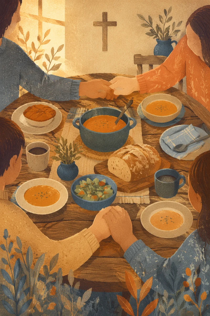 Christian Family Dinner Prayer Around Rustic Table
