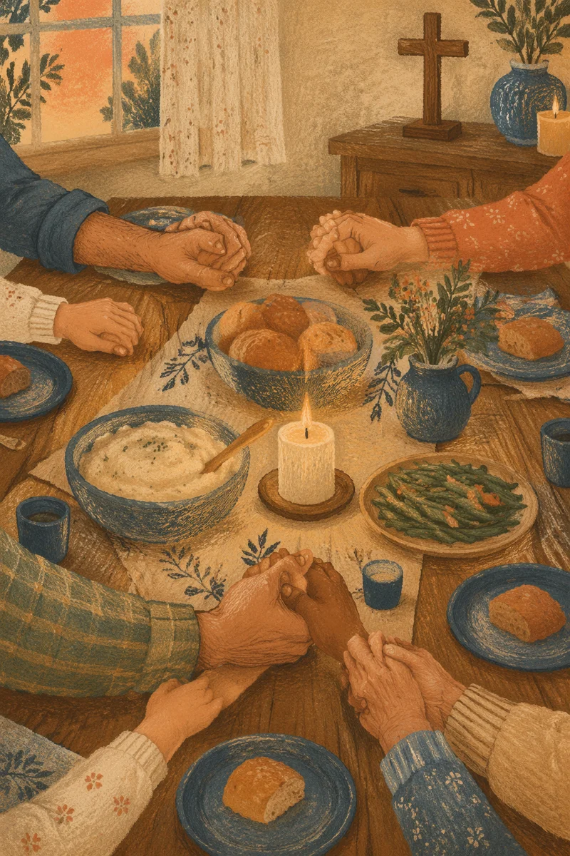 Christian Family Dinner Prayer Around Warm Table