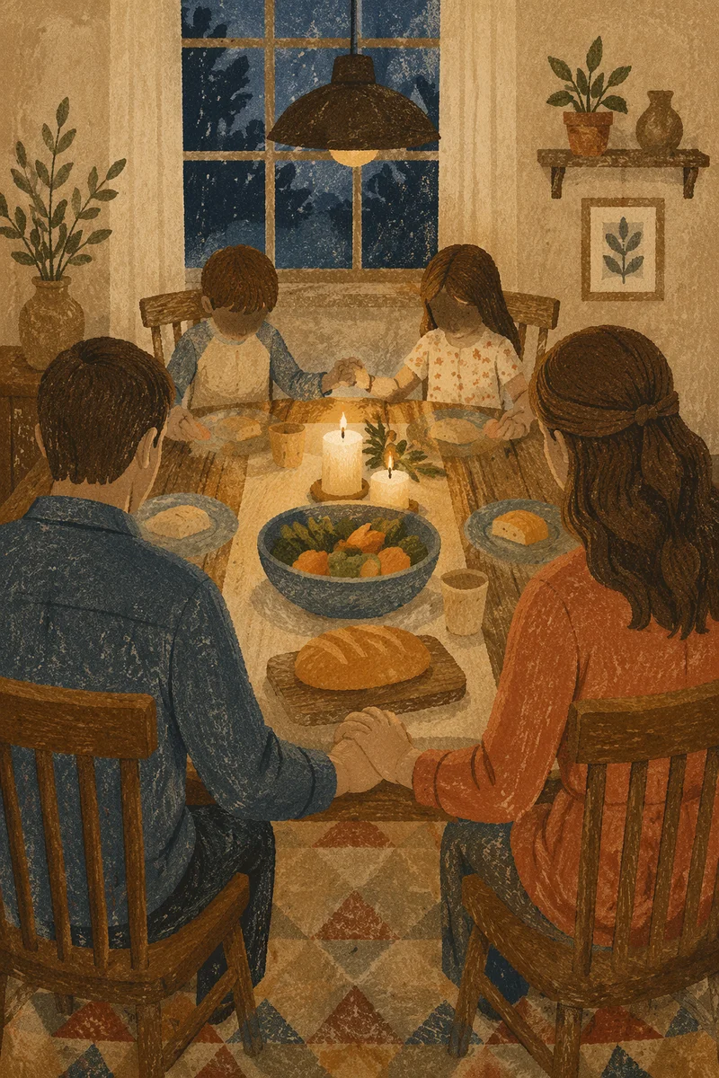 Christian Family Dinner Prayer Around Wooden Table