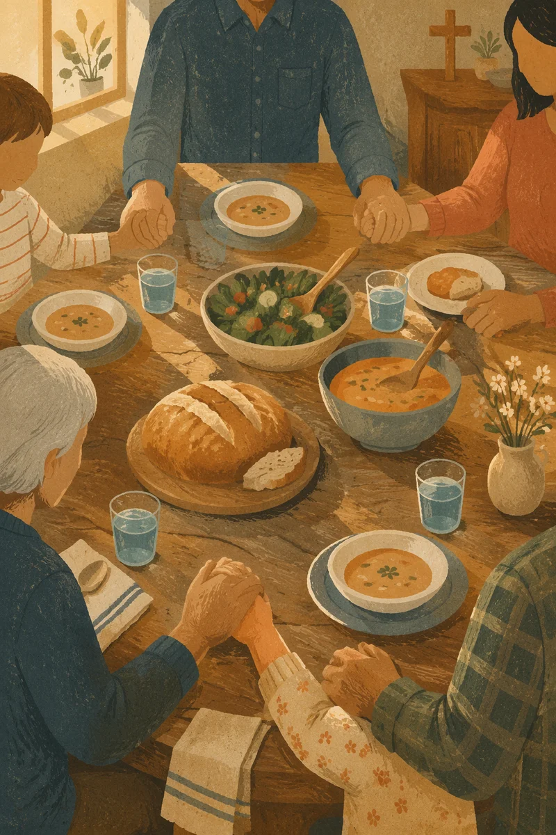 Christian Family Dinner Prayer Around Rustic Table