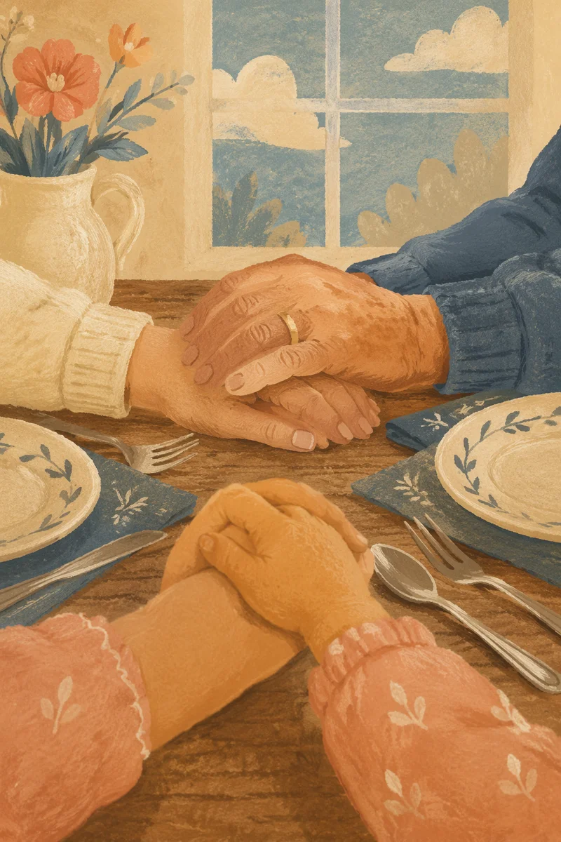 Christian Family Hands Joined in Dinner Prayer