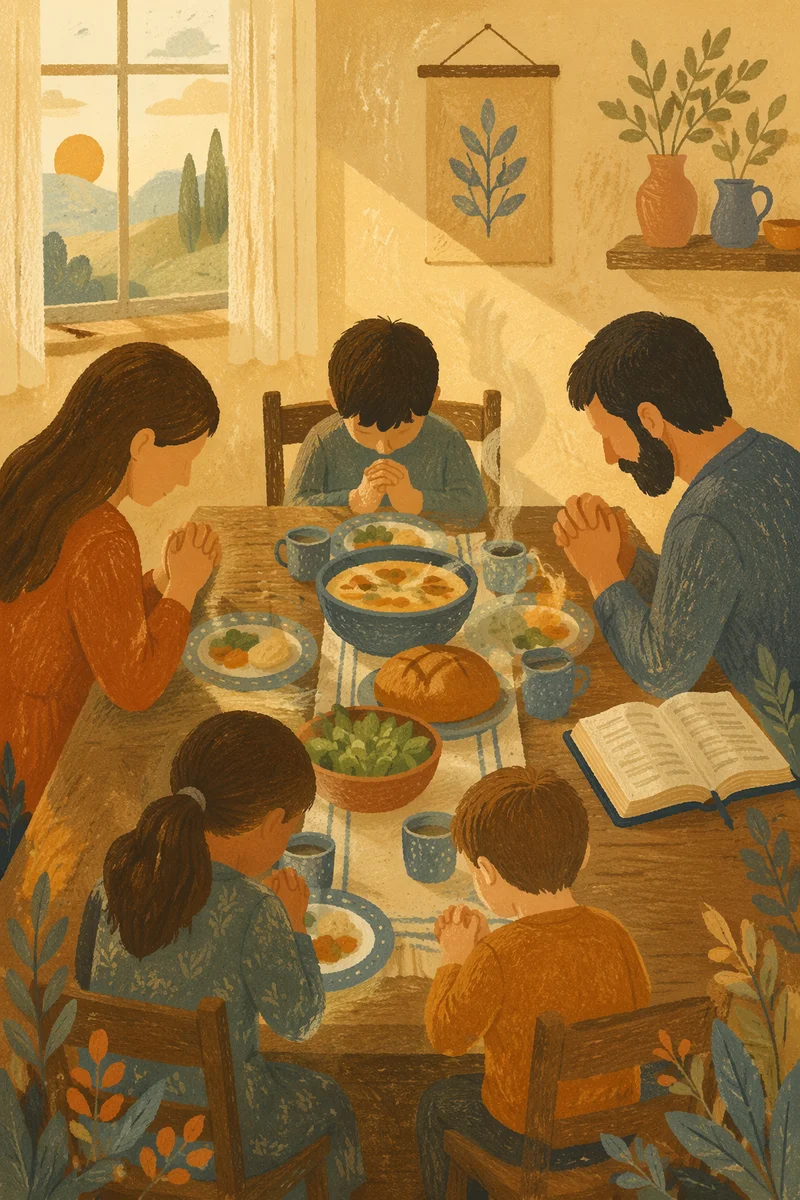 Christian Family Dinner Prayer in Warm Light
