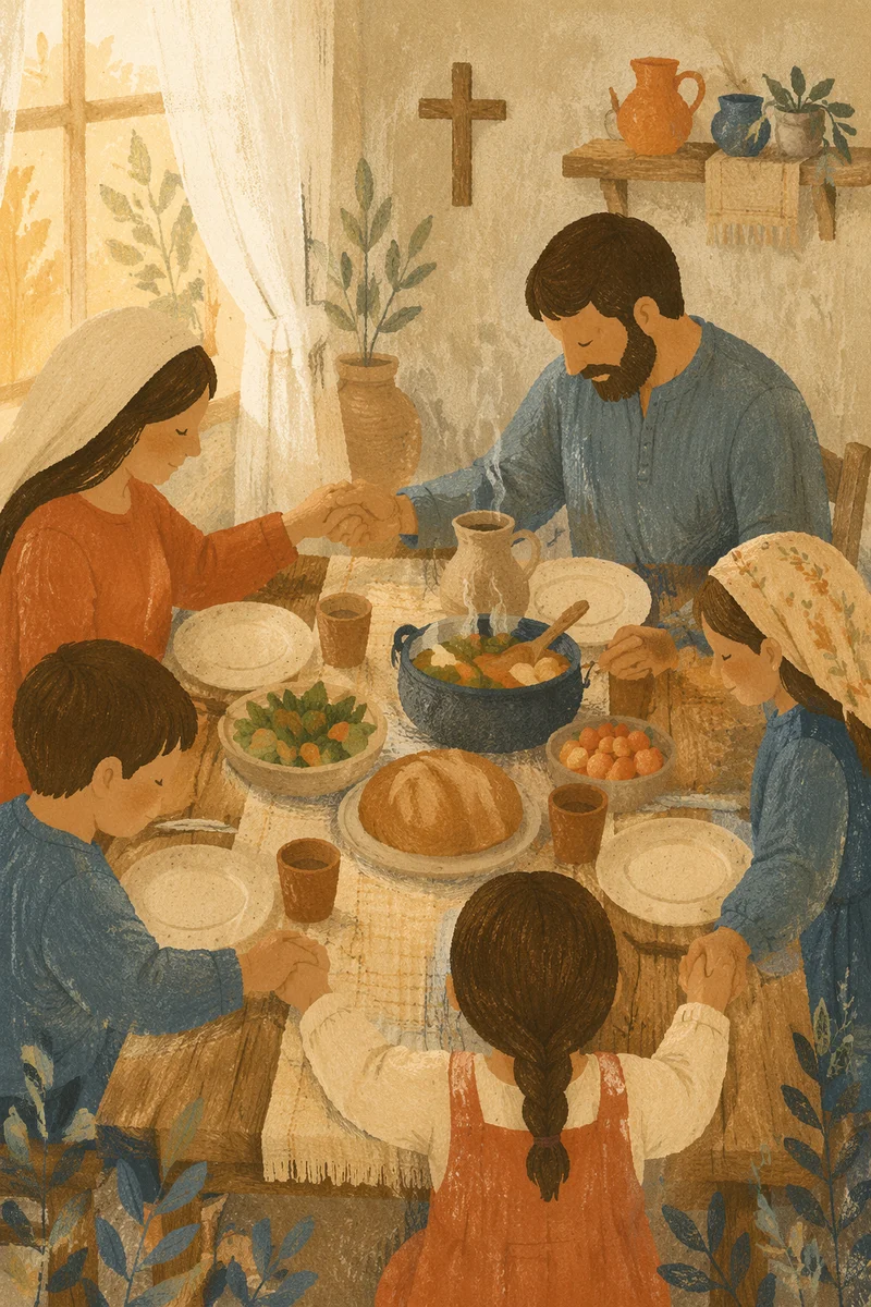 Christian Family Dinner Prayer Around Rustic Table