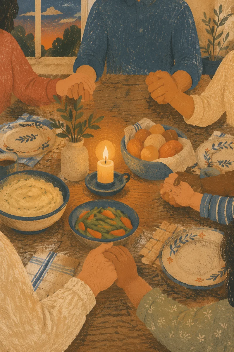 Christian Family Dinner Prayer Around Rustic Table
