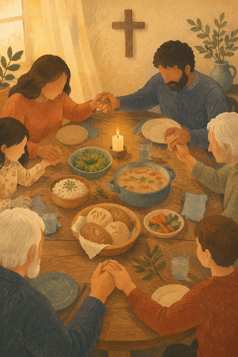 Christian Family Dinner Prayer Around Rustic Table