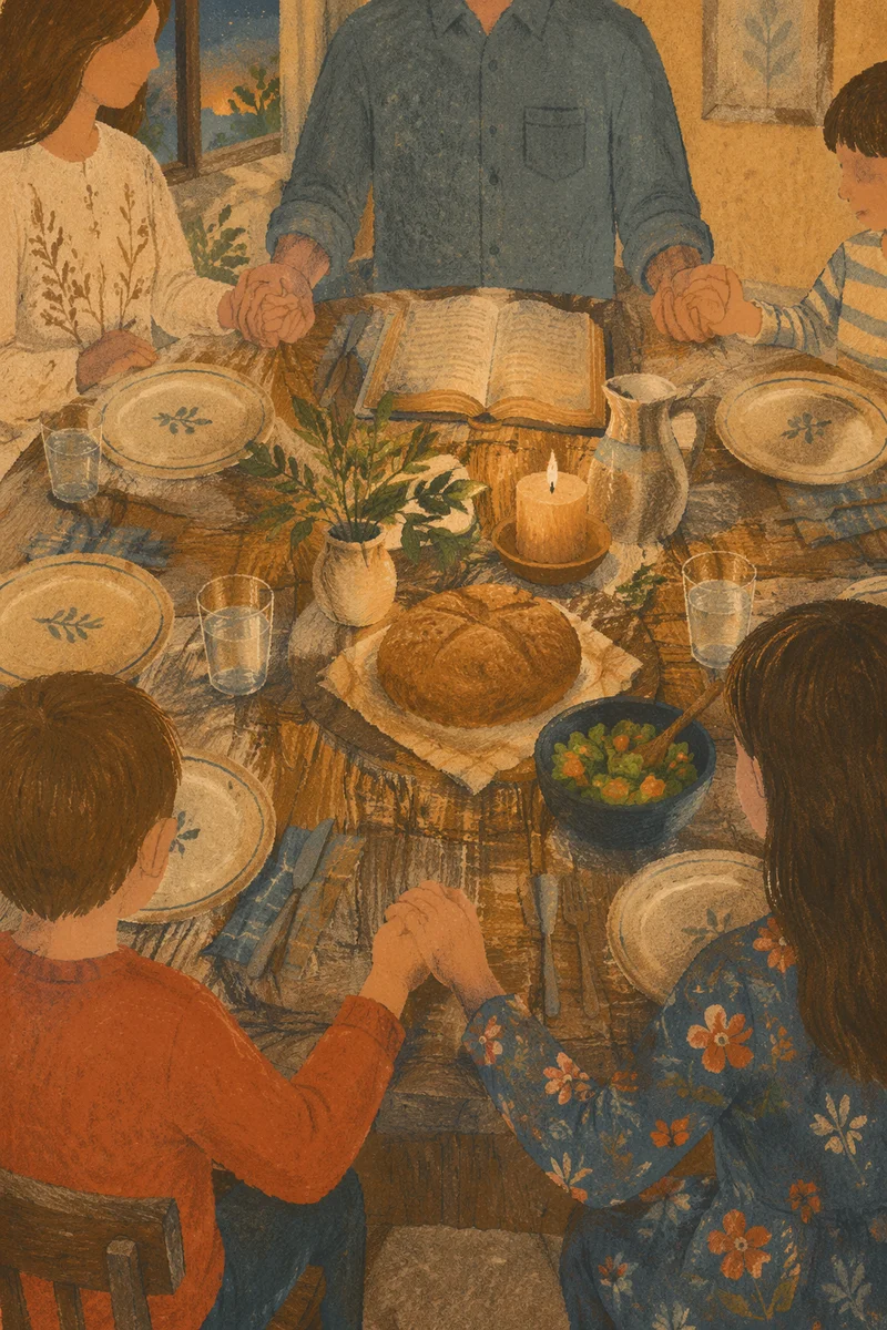Christian Family Dinner Prayer Around Rustic Table