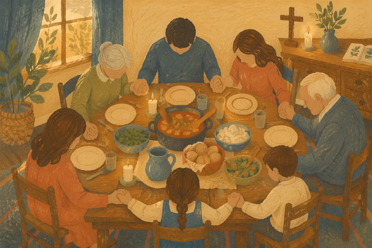 Christian Family Holding Hands at Dinner Prayer