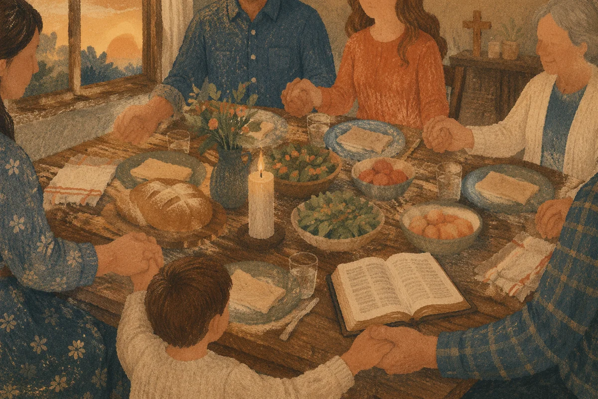 Christian Family Dinner Prayer Around Warm Table