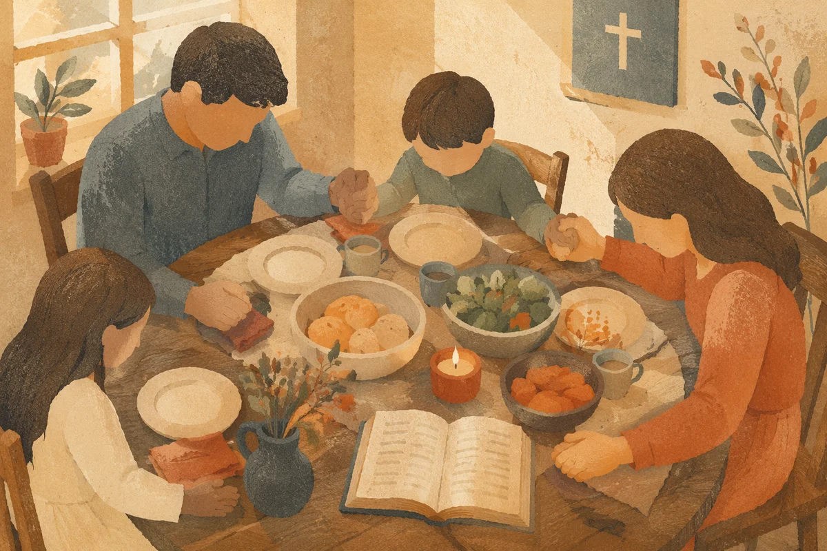 Christian Family Dinner Prayer Around Rustic Table