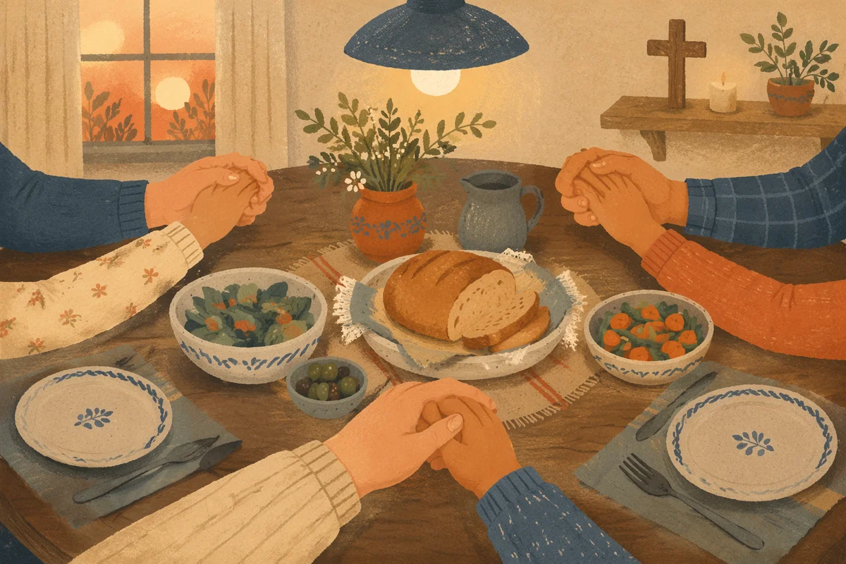 Christian Family Dinner Prayer Around Rustic Table