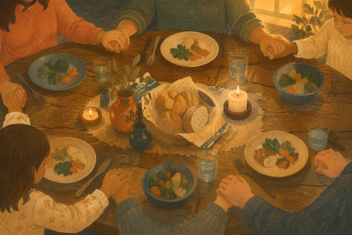 Christian Family Dinner Prayer at Rustic Table