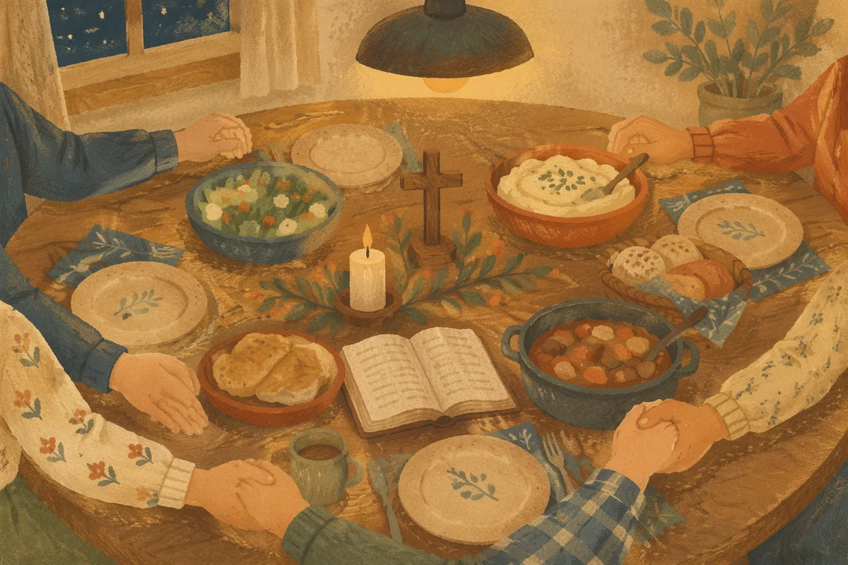 Christian Family Dinner Prayer Around Rustic Table