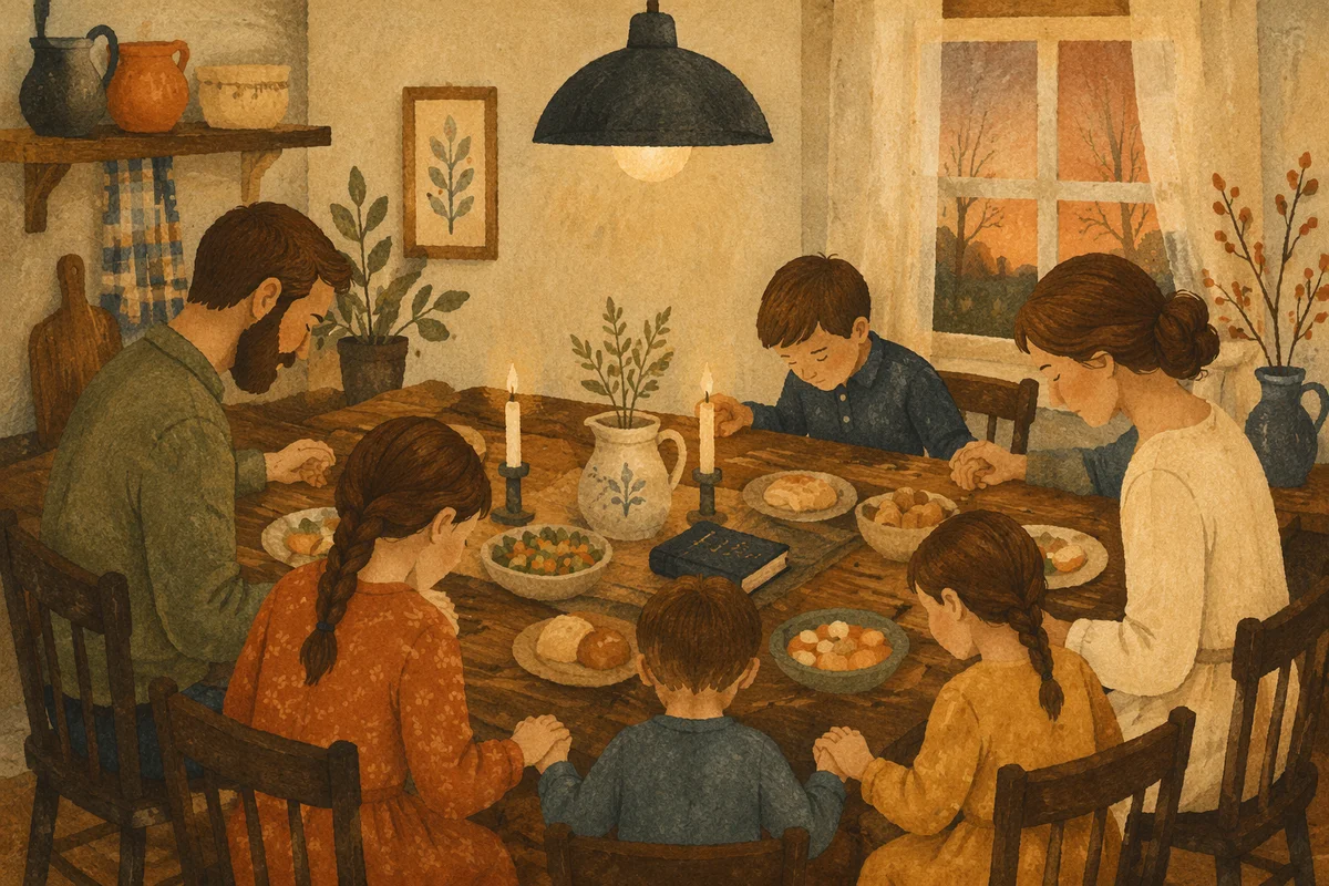 Christian Family Dinner Prayer in Warm Kitchen