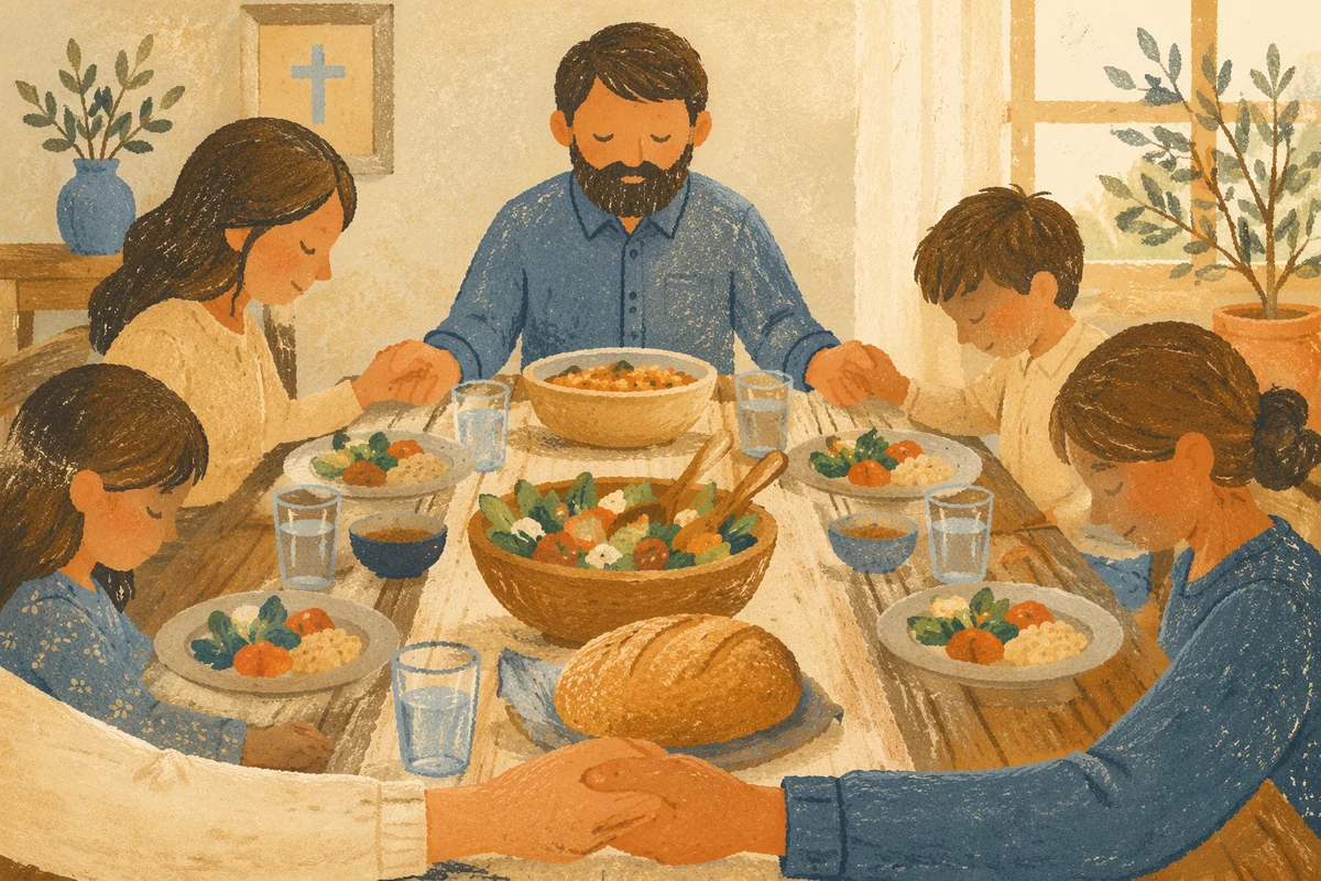 Christian Family Dinner Prayer Around Rustic Table