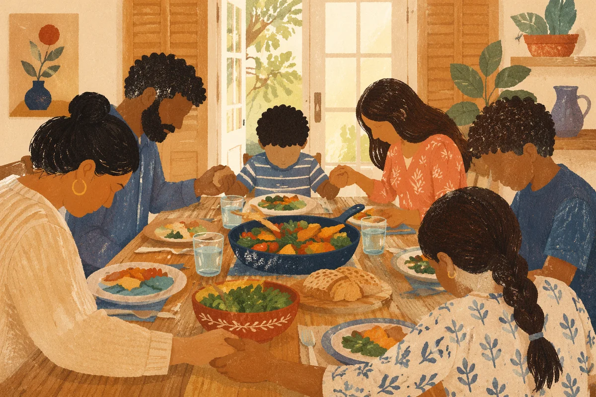 Christian Family Dinner Prayer Around Wooden Table