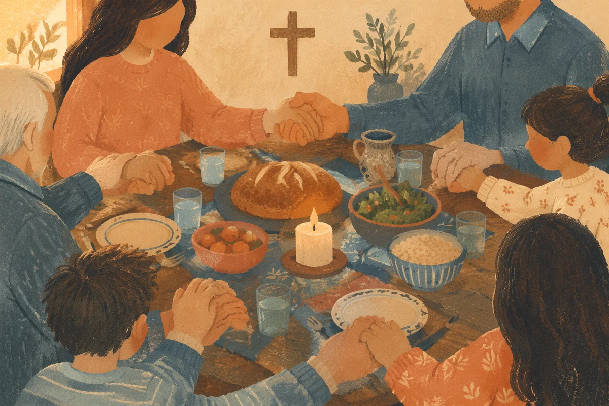 Christian Family Dinner Prayer Around Rustic Table
