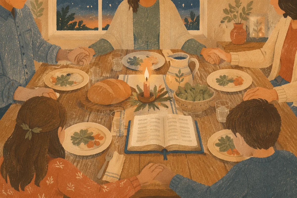 Christian Family Dinner Prayer Around Rustic Table
