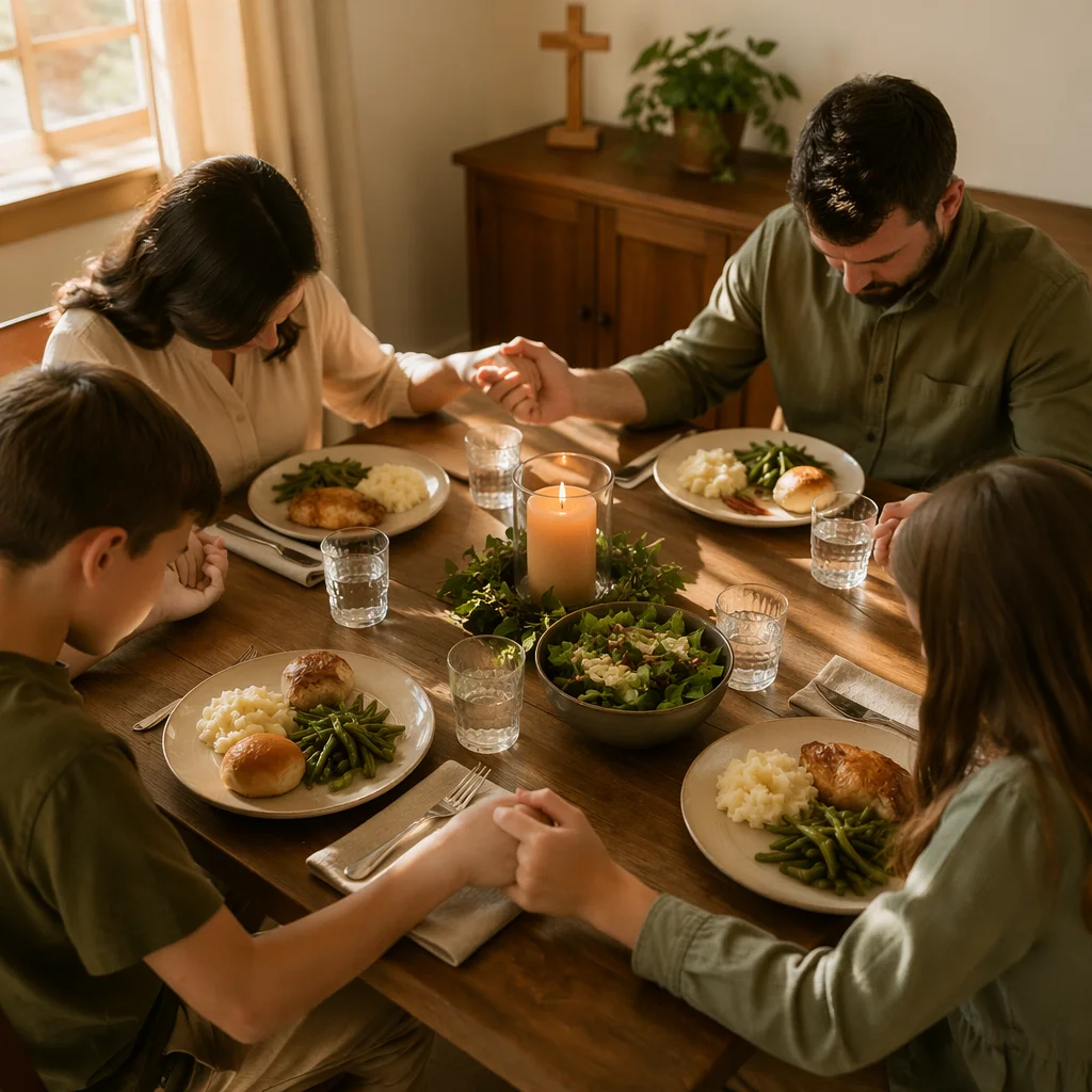 Christian Family Holding Hands in Dinner Prayer