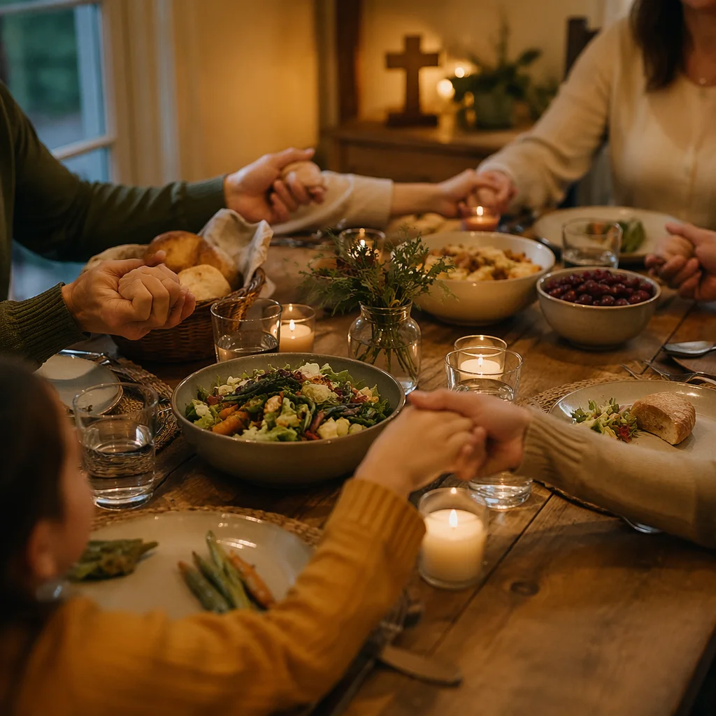 Christian Family Holding Hands Dinner Prayer