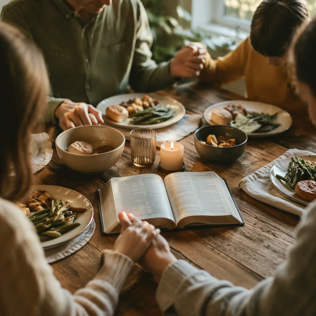Christian Family Dinner Prayer Around Wooden Table