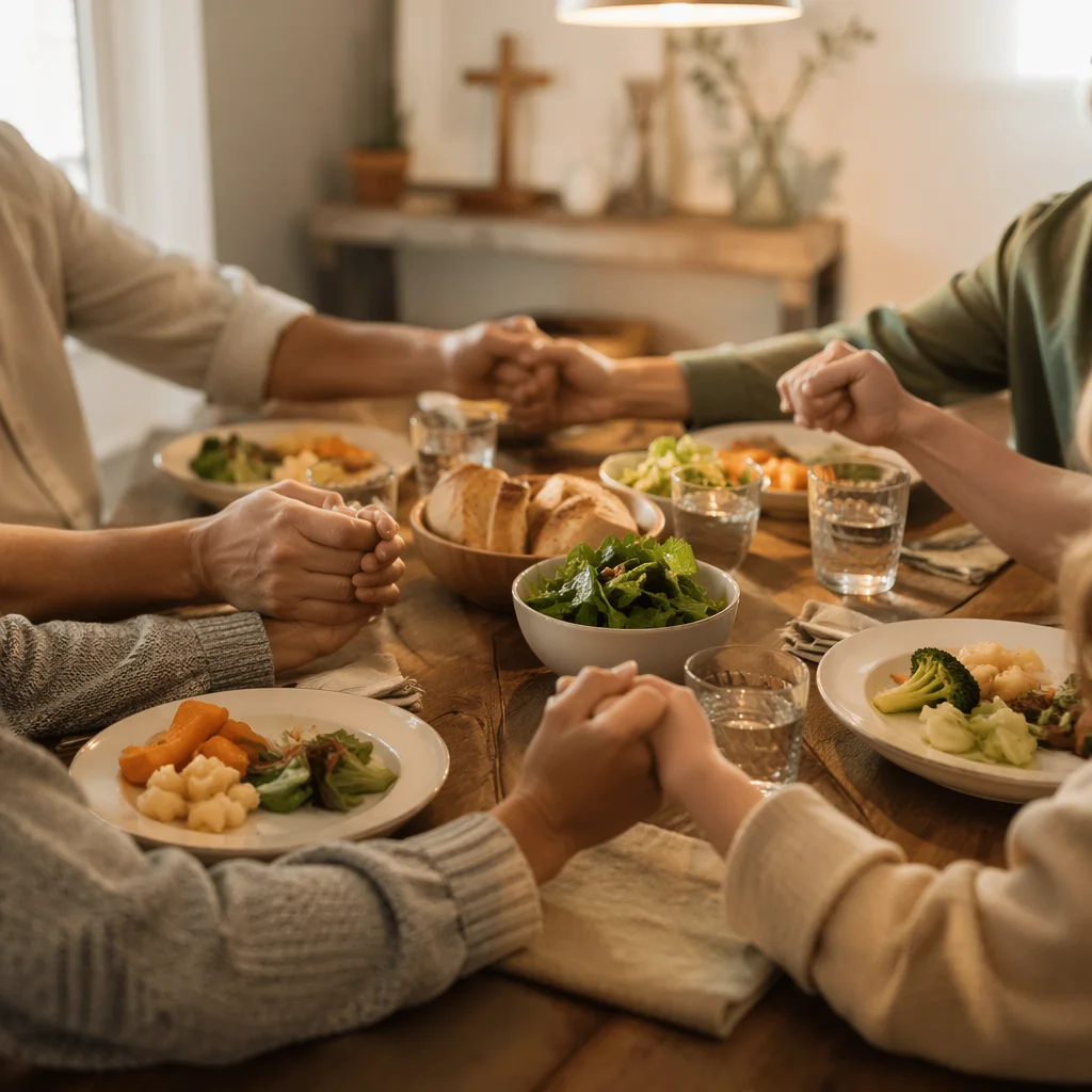 Christian Family Dinner Prayer at Rustic Table