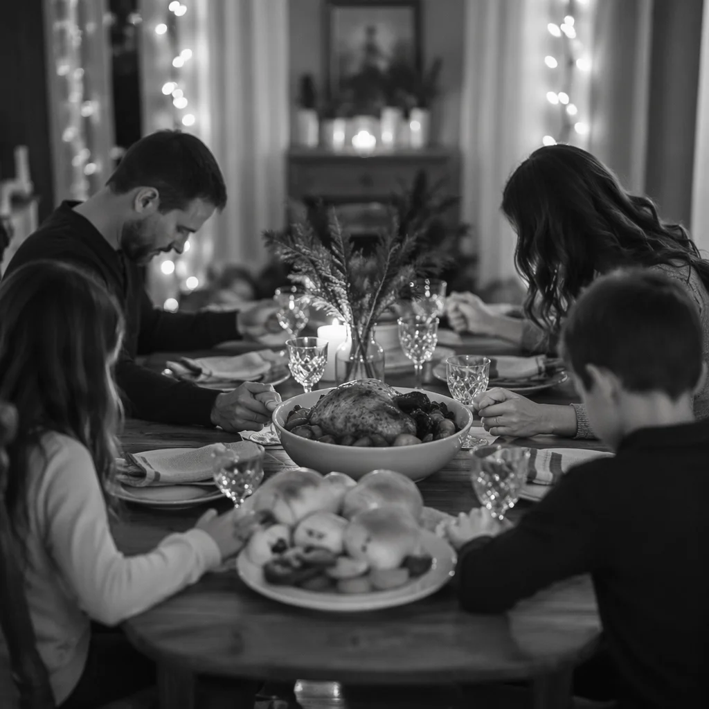 Family Holding Hands in Dinner Prayer