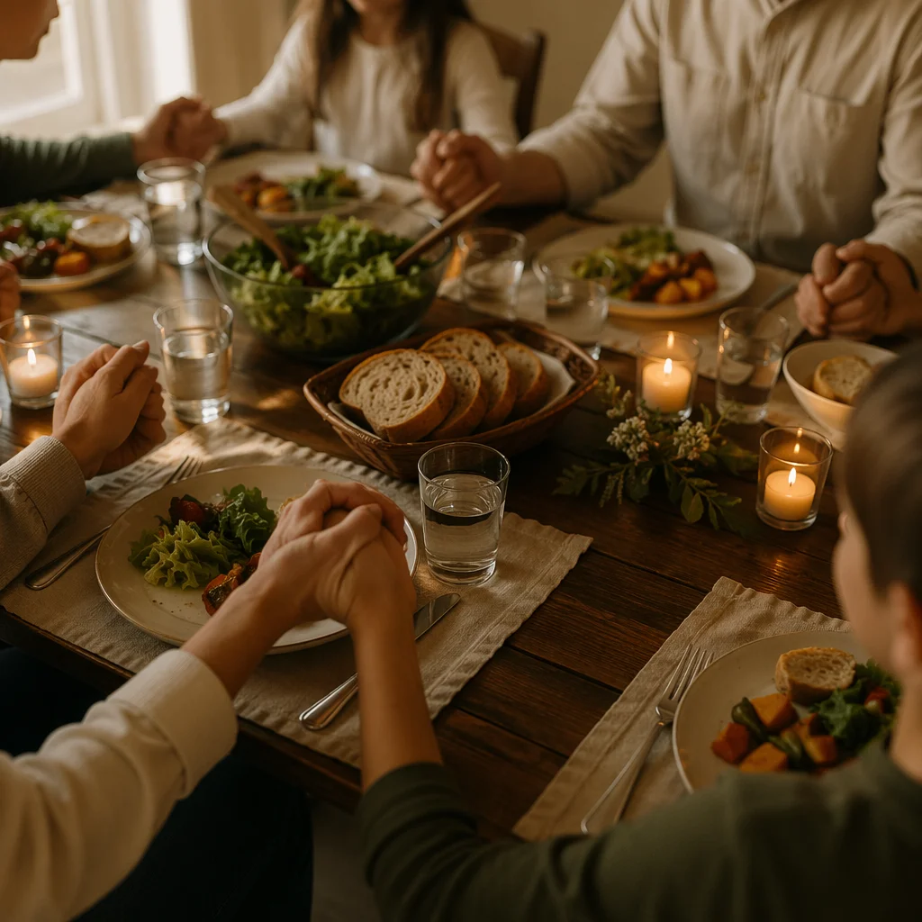 Christian Family Dinner Prayer Around Rustic Table