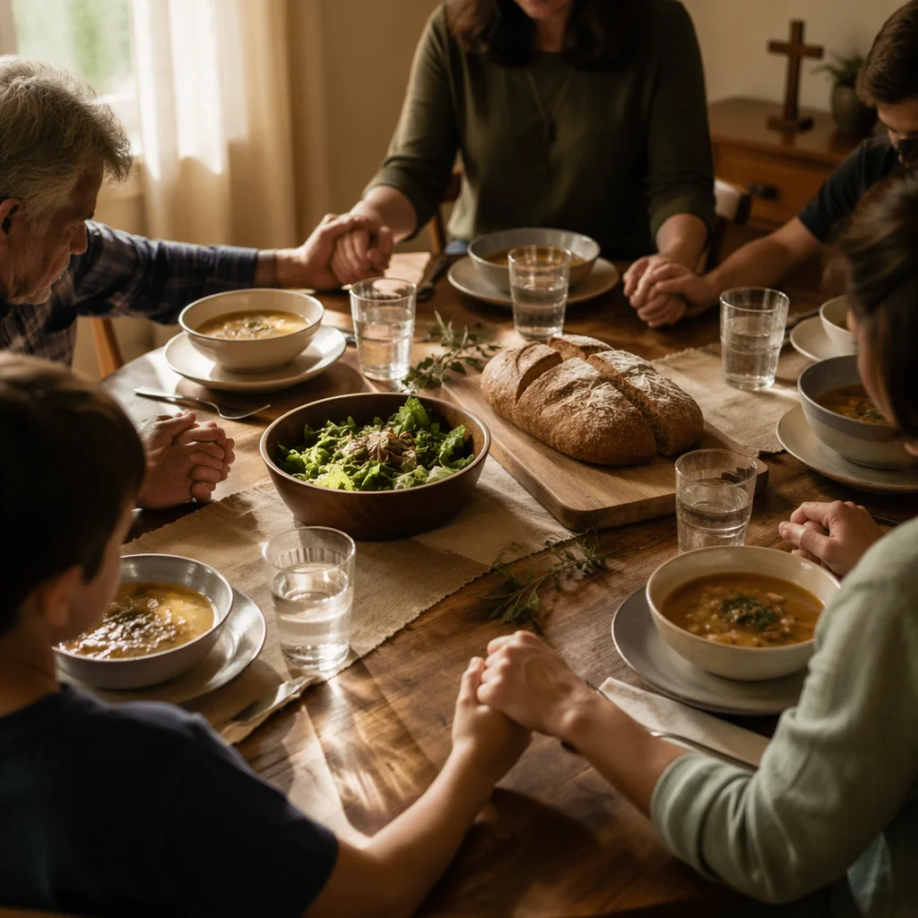 Christian Family Dinner Prayer Around Rustic Table