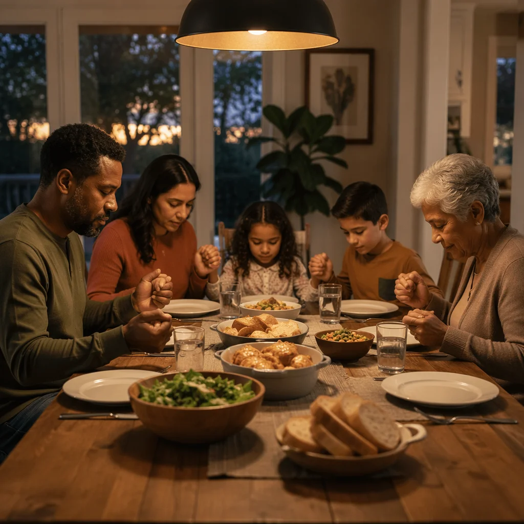 Family Holding Hands at Dinner Table