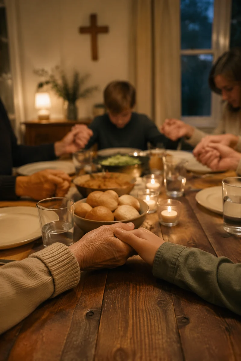 Christian Family Dinner Prayer Around Rustic Table