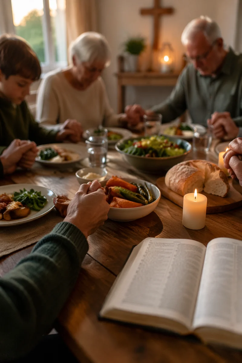 Christian Family Hands Joined in Dinner Prayer