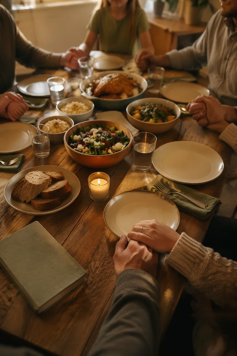 Christian Family Holding Hands in Dinner Prayer