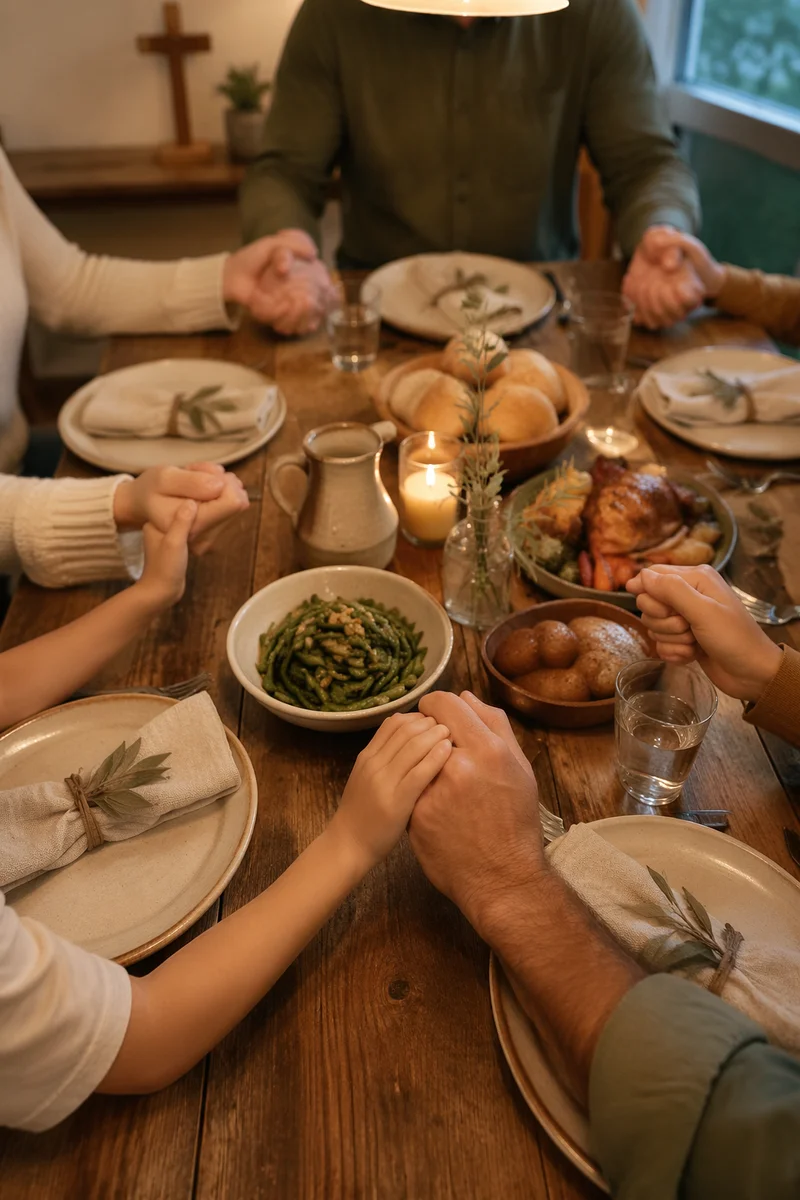 Christian Family Dinner Prayer Around Rustic Table