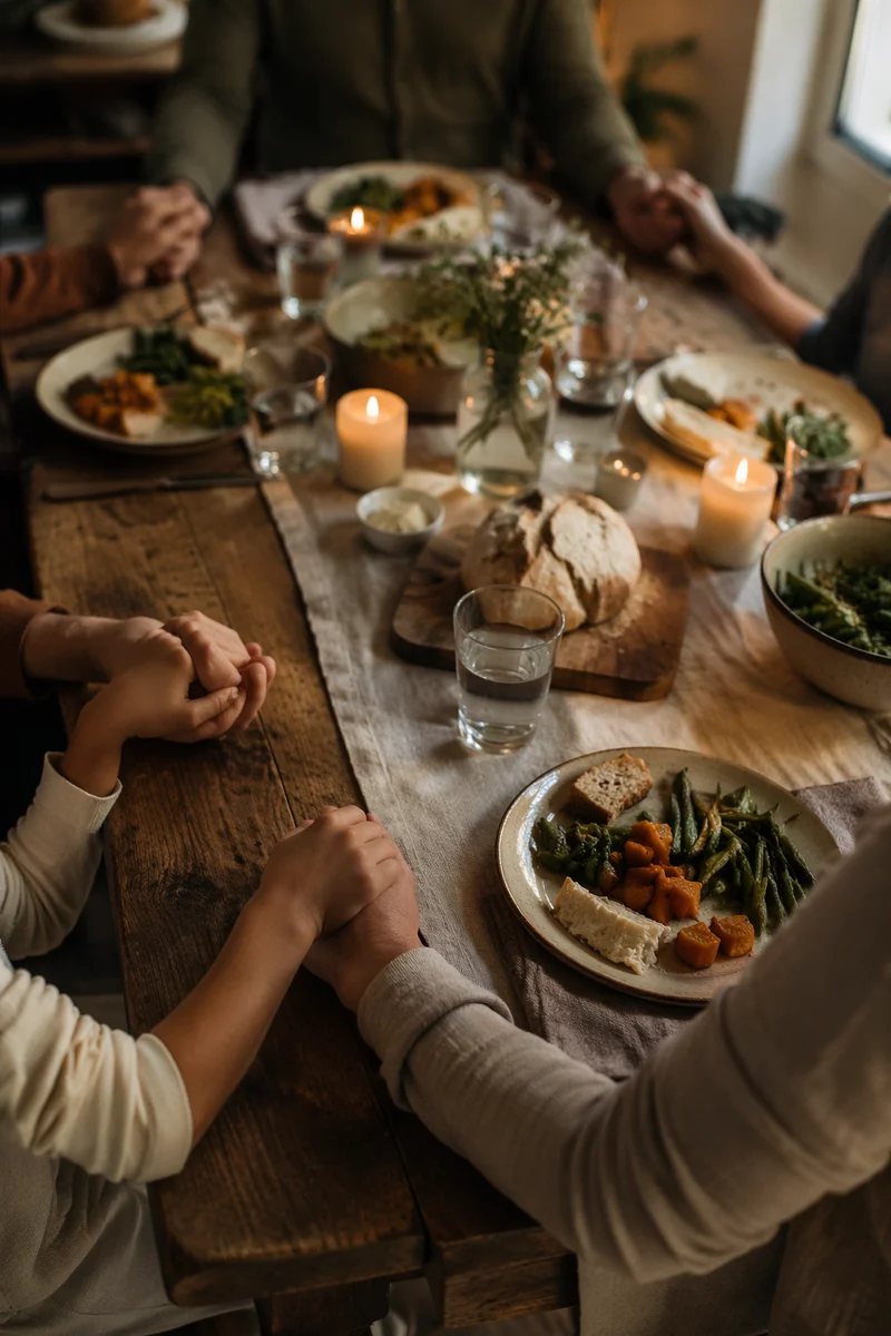 Christian Family Dinner Prayer Around Rustic Table