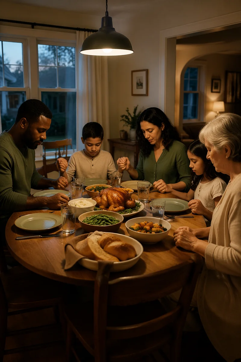 Christian Family Holding Hands in Dinner Prayer